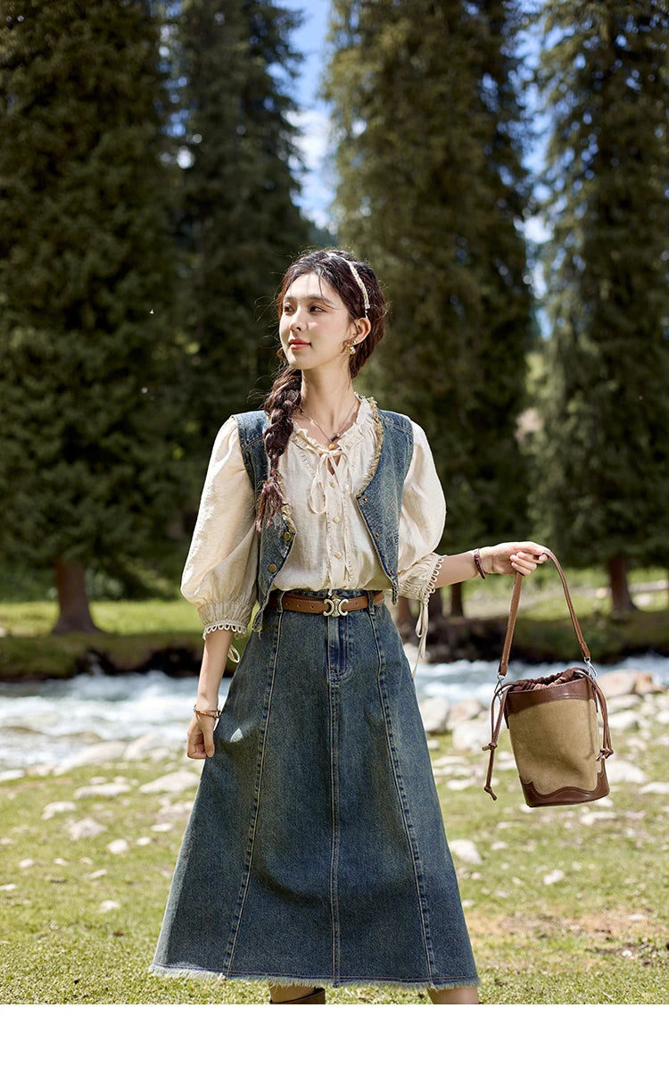 MISHOW Washed Hem Fringed Denim Midi Skirt 2024 Autumn Commuting Versatile A-line Long Skirt Retro Blue Casual Skirts MXD41B0453