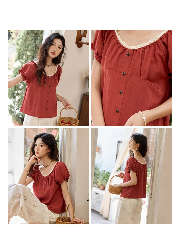 MISHOW French Summer Shirts for Women 2025 Short Puff Sleeve Lace Colla Slimming Blouses Female Sweet Fashion New MXE35X1827