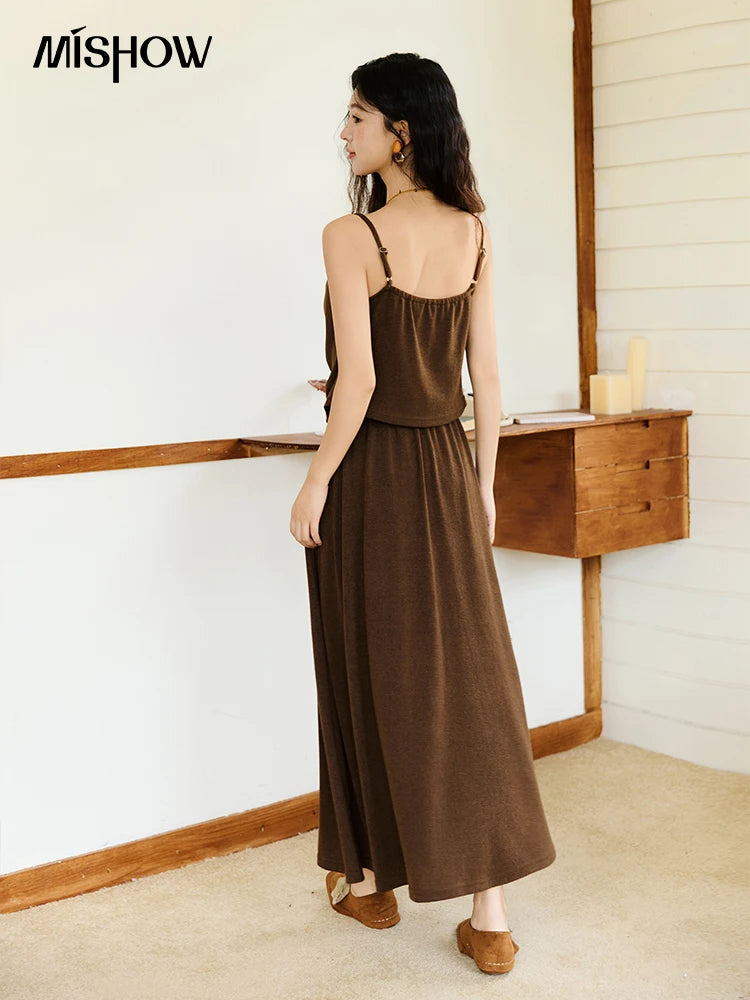 MISHOW Camisole Skirt Suit 2025 Retro Dark Brown Pleated Design Tank Top A-line Skirt  Autumn Women's Clothing Set MXE46T1378