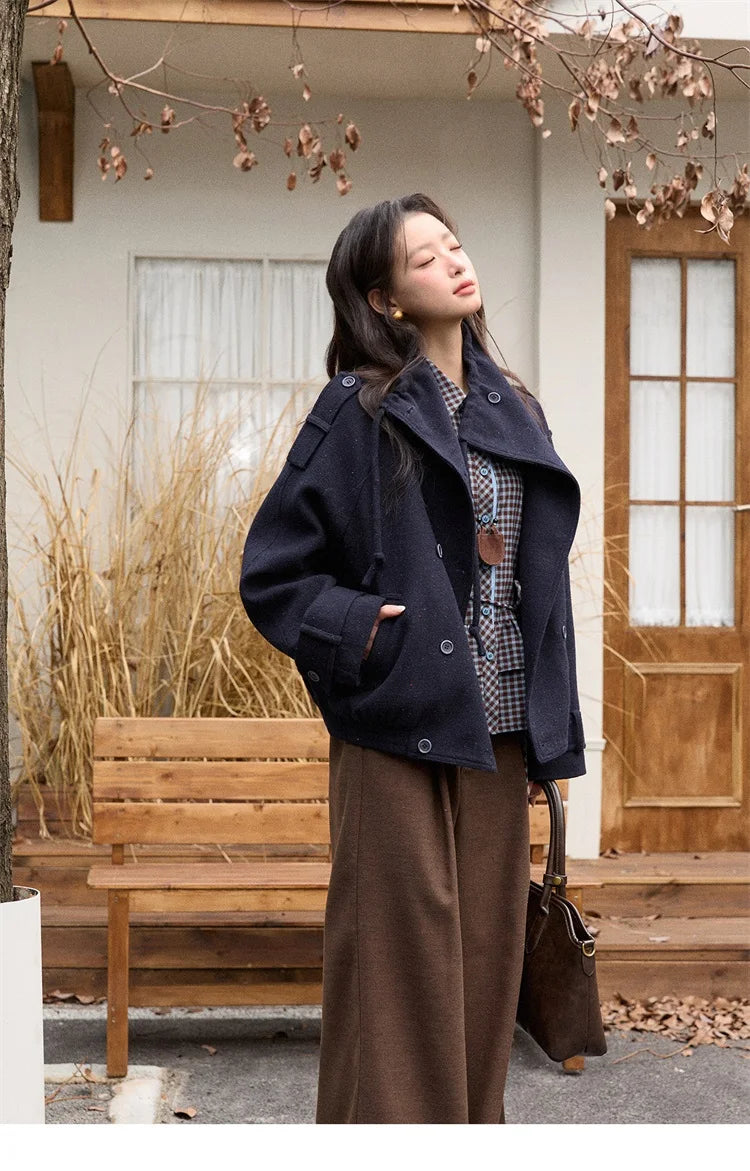 MISHOW Retro Blue Plaid Shirt for Women 2025 Autumn Winter Lapel Lantern Sleeves Ruffled Hem Top Slim Casual Shirt MXE89C2420