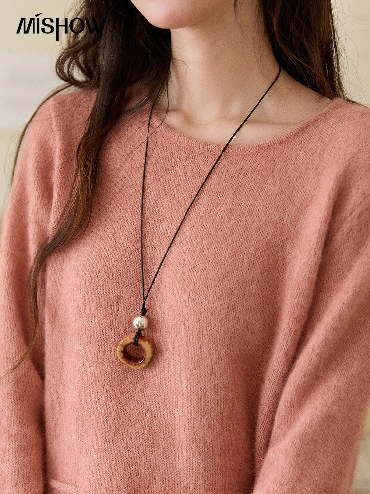 MISHOW Women's Pink Sweater 2025 Winter French Style Round Neck Knit Top Ruffled Hem with Drawstring Belt Pullover MXE90Z2824