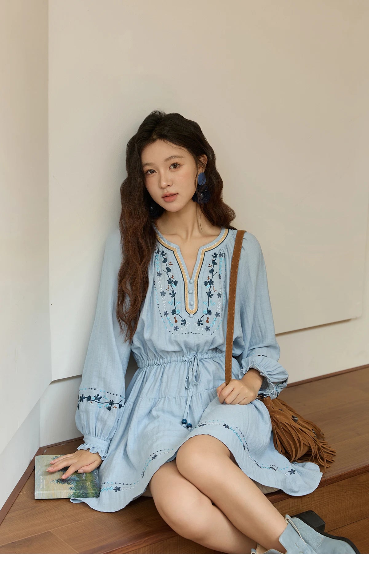 MISHOW Woman Long Sleeve Dress Autumn Elegant V-neck Embroidered Drawstring Waist Dress A-line Bohemian Midi Dresses MXE44L2489