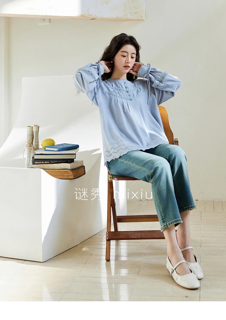 MISHOW Blue Lace Patchwork Shirt for Women 2025 Spring Sleeve Lace-up Hem Wave Edge Top Lantern Sleeve Loose Shirt MXE14X1716