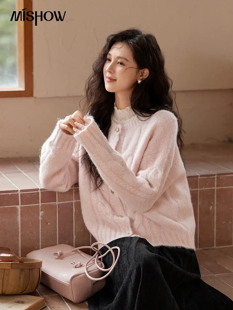 MISHOW Sweet Sweater Cardigan Women 2024 Autumn Winter French Gentle Slim Single Breasted O-Neck Wool Knitted Jacket MXD55Z1030