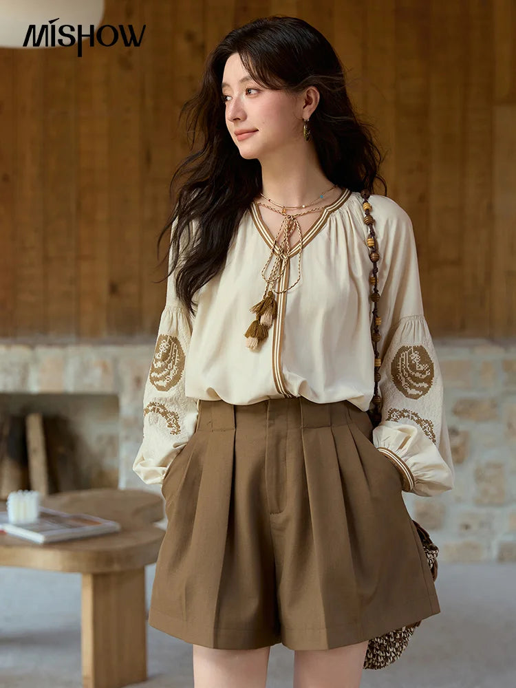 MISHOW Brown High Waist Shorts 2025 Three-dimensional I-shaped Pleated Hook Buckle Shorts Women Versatile Short Pants MXE41K1022