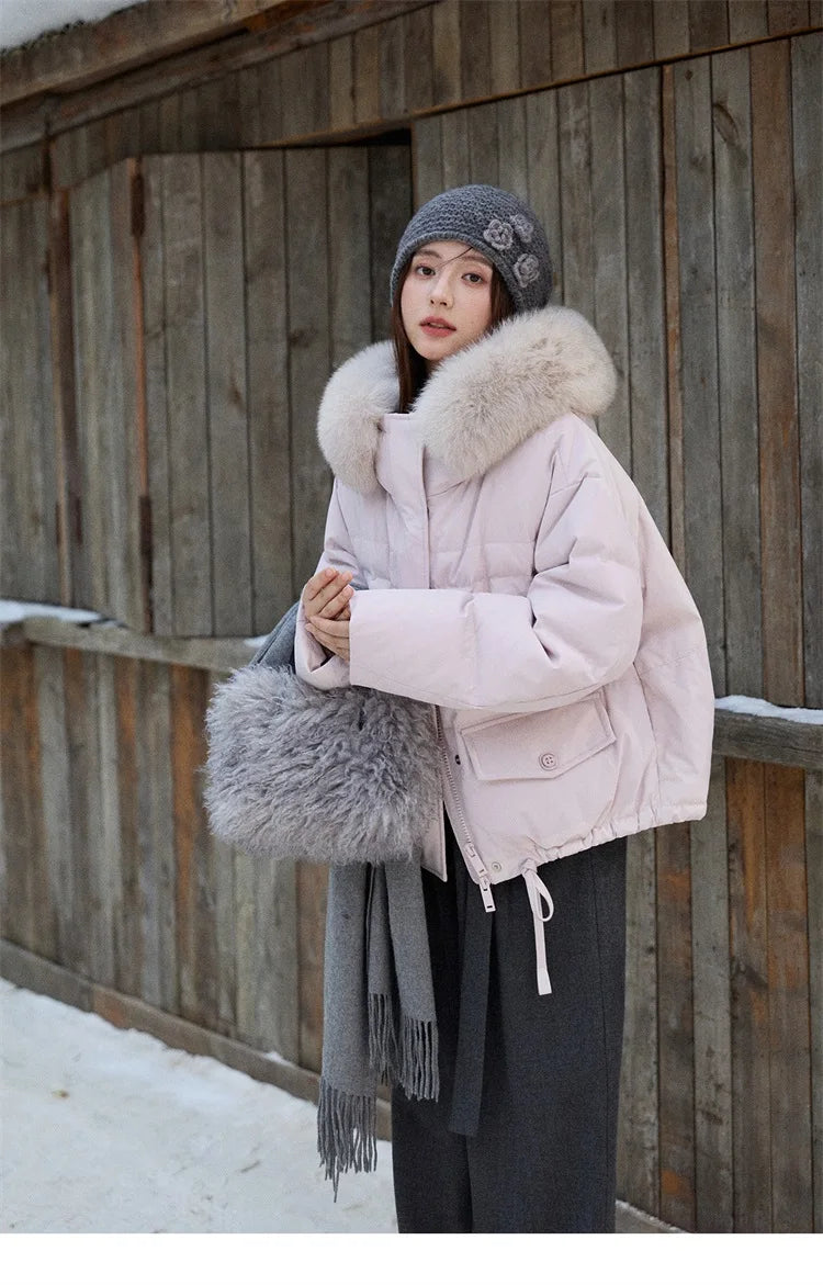 MISHOW Short Lightweight Puffer for Women 2025 Fashion Loose Long-sleeved Down Jacket Detachable Fur Collar Warm Coat MXE87Y0084