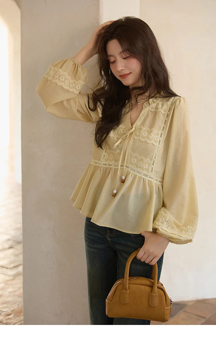 MISHOW French Thin V-neck Blouse 2025 Autumn Lace Patchwork Elastic Cuffs Top Bead Drawstring Lantern Sleeves Blouses MXE41X1925