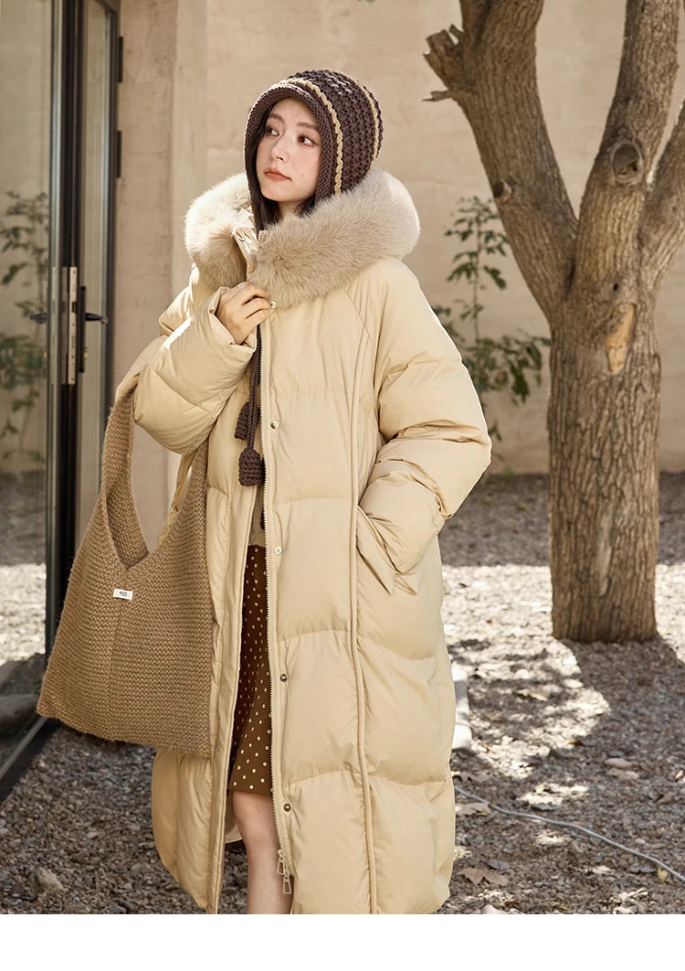 MISHOW White Duck Down Coat Hooded Long Removable Fox Fur Collar Down Jacket Zipper Design Warm Wind Resistance Coat MXD55Y0052