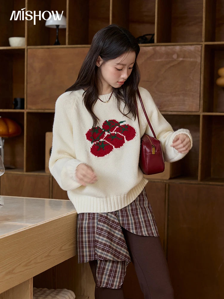 MISHOW Women's Off-white Sweater 2025 Winter new Tomato Jacquard Long-sleeved Sweater Loose Casual Knitted Pullover MXE51Z2692