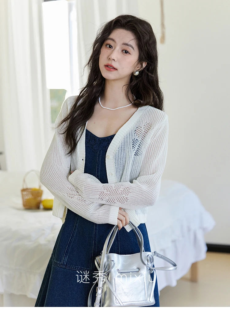 MISHOW Denim Camisole Dress Hollowed Out Cardigan Separately Spring Knitted Cardigan Lace Edge Waist Dress(Not A Set) MXE13L2094