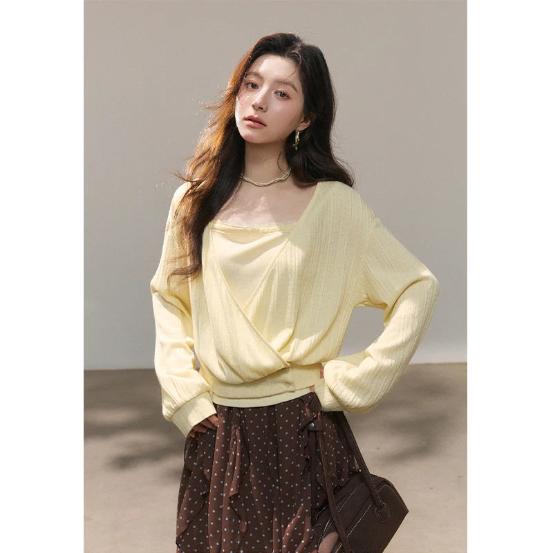 MISHOW Women's Lemon Yellow Two-Piece Set Spring Knitted Lantern Sleeve Pullover Tops Strap Lace Edge Camisole Set MXF13T1513