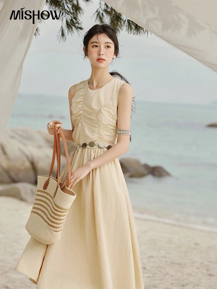 MISHOW Office Lady Summer Dress Women 2025 New Round Neck Sleeveless Solid with Belt Dresses Female Fashion Slimming MXE31L2188