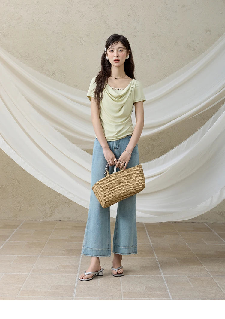 MISHOW Casual Summer Shirts Women 2025 Fashion Short Sleeve Swing Collar Solid T-shirt Female Slim Shell Ribbon Tops MXE33T0524