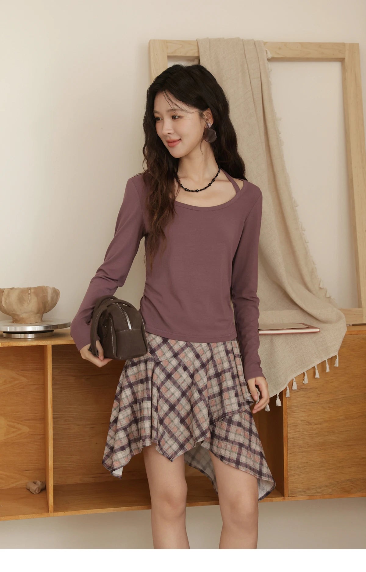 MISHOW Purple Plaid Irregular Skirt for Women Autumn 2025 Linen Blend Invisible Zipper Short Skirt Ruffle Hem Skirts MXE42B2395