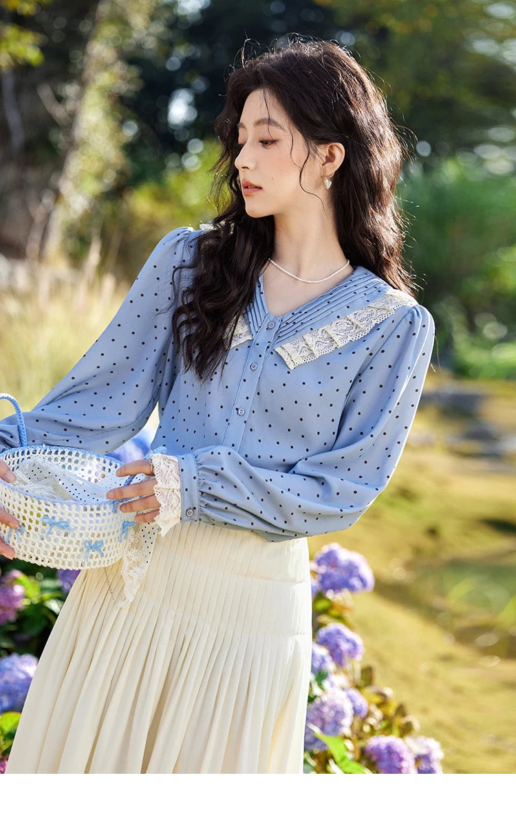 MISHOW Lace Patchwork Polka Dot Shirt for Women Spring 2025 French V-neck Shirt Cuff Splic with Hollowed Out Lace Top MXE12X1707