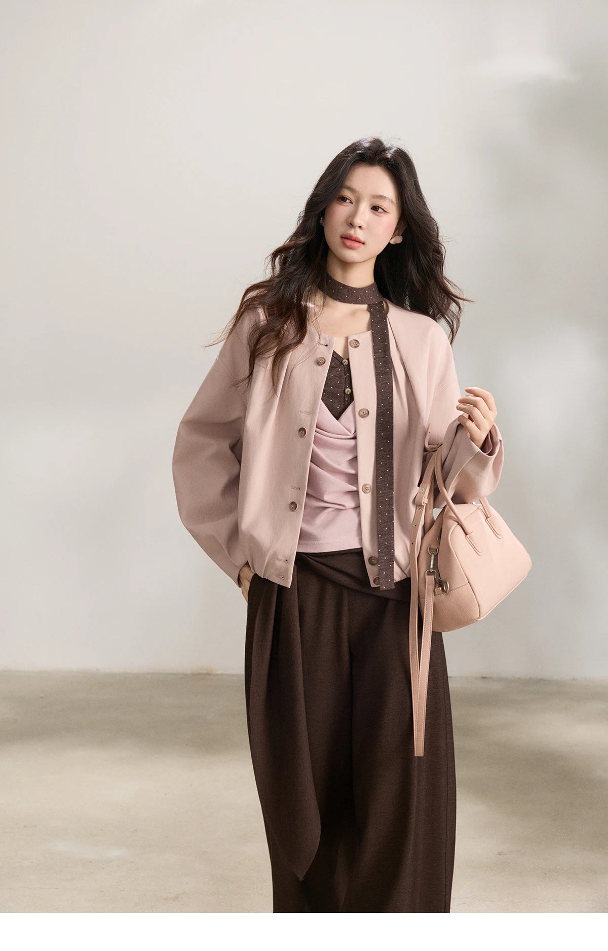 MISHOW Women's Pink Flower Bud Leather Jacket Spring 2026 Crew Neck Single-breasted Coats Casual Loose Cropped Coat MXF108W1001