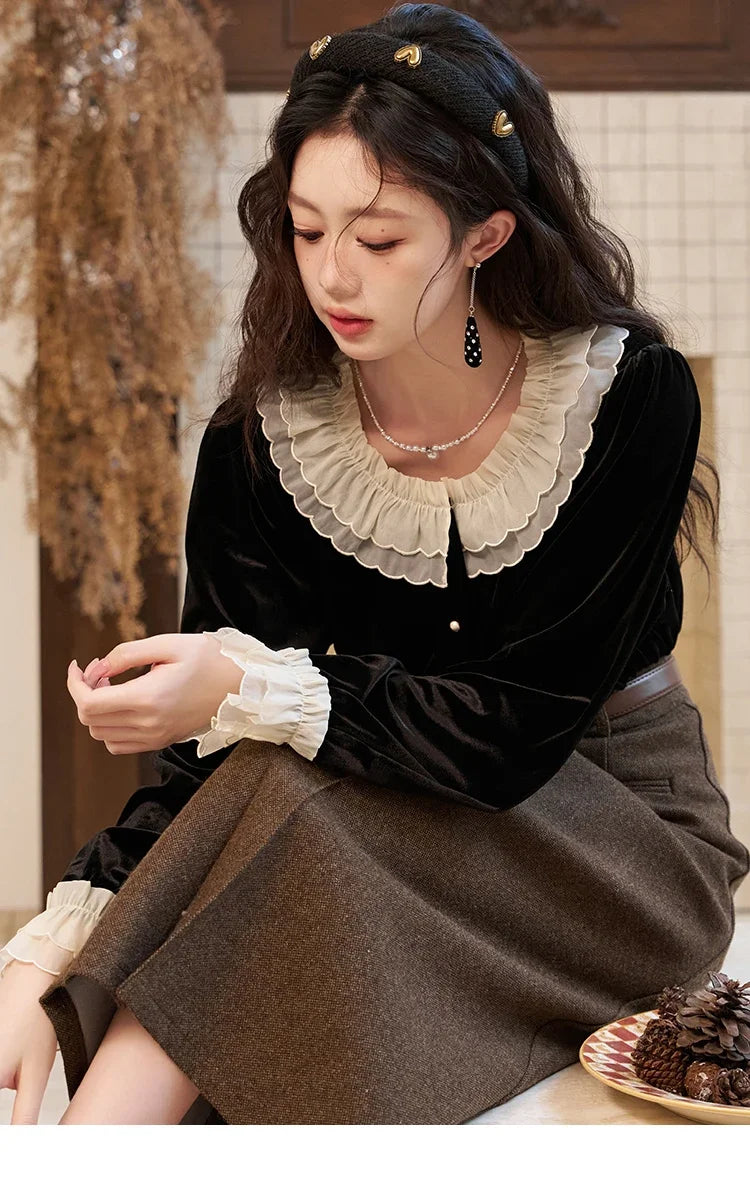 MISHOW French Retro Velvet Blouses for Women 2025 Autumn Winter Button Down O Neck Korean Long Sleeve Shirt Tops MXC51X1323