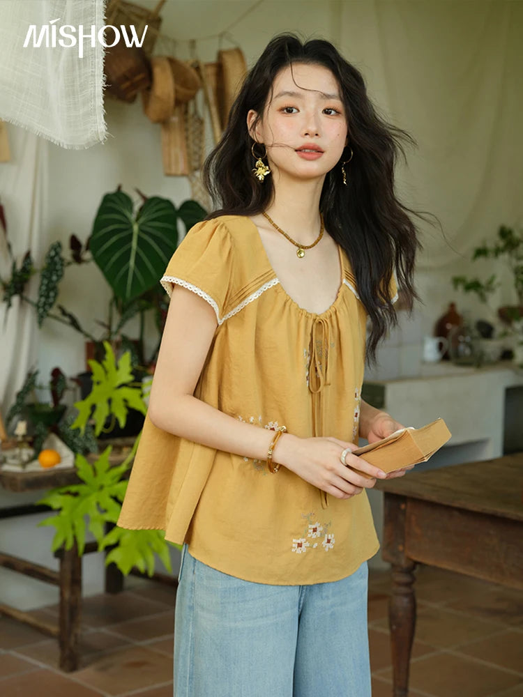 MISHOW Fashion Embroidery Flower Blouses for Woman 2025 Summer O-Neck Lace Up Flying Sleeve Lace Spliced Loose Top MXE39X1880