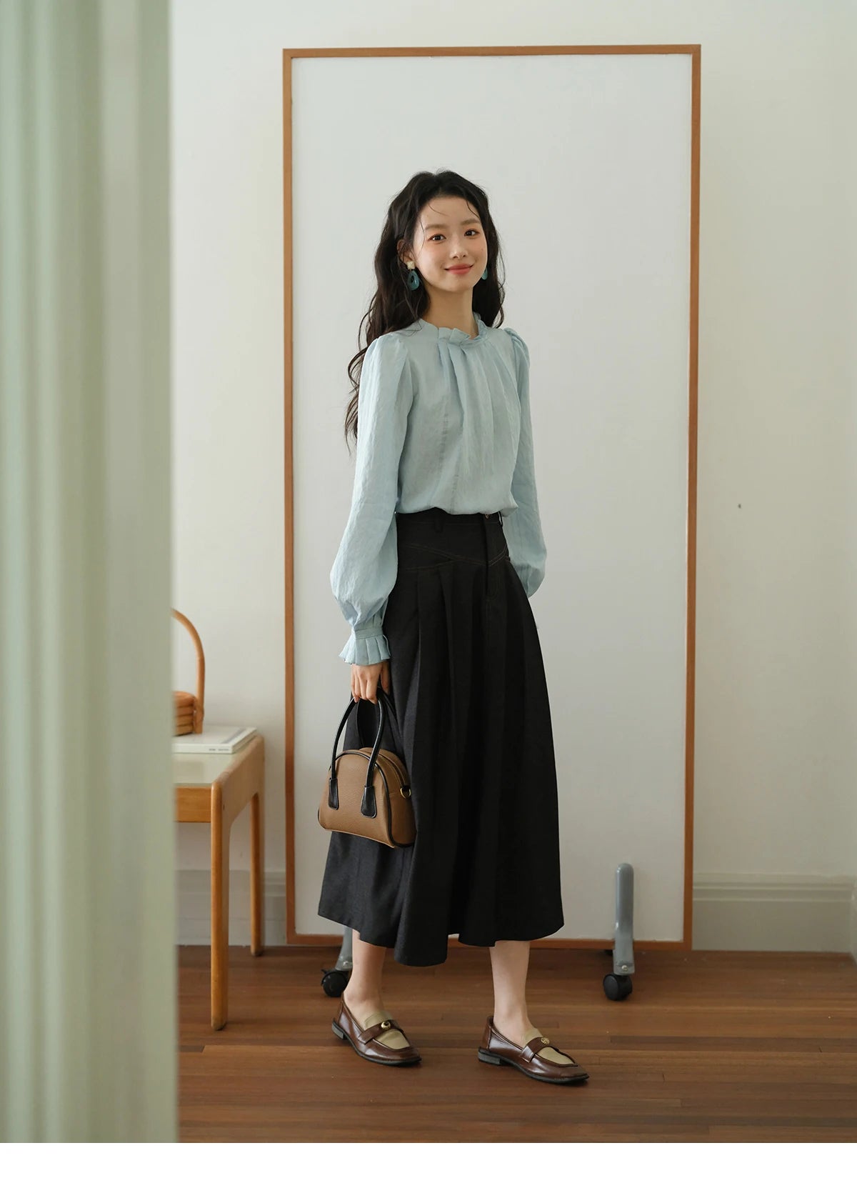 MISHOW High Waist Pleated Umbrella Denim Skirt 2025 Autumn A-LINE Deep Blue Skirts Female One Button Casual Skirts MXE41B2372