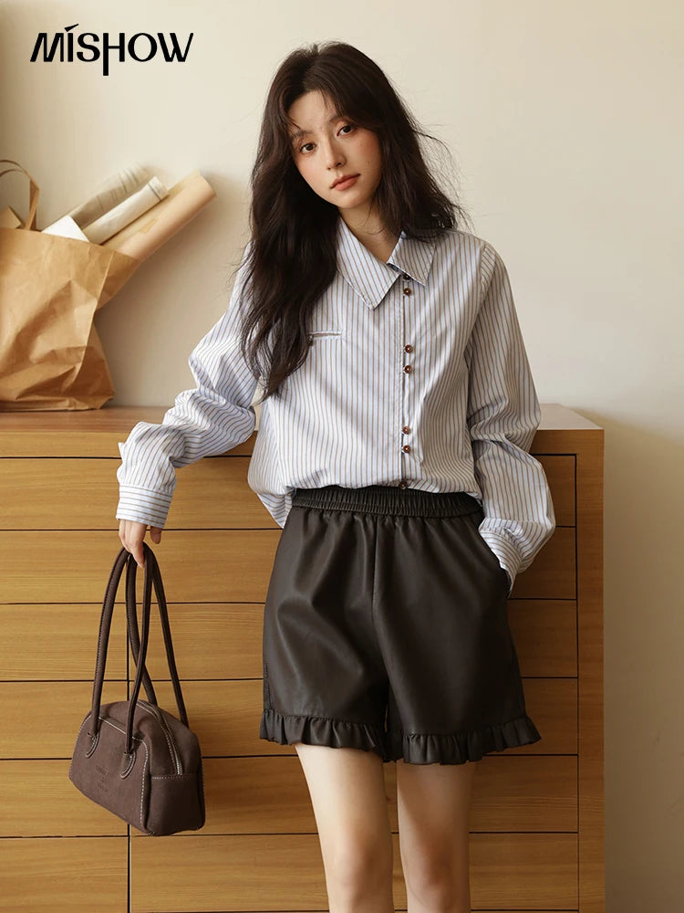 MISHOW Women's Striped Asymmetric Shirt 2025 Autumn New Arrival Vintage Loose Long Sleeve Tops Commuter Woman Clothes MXE42C2375