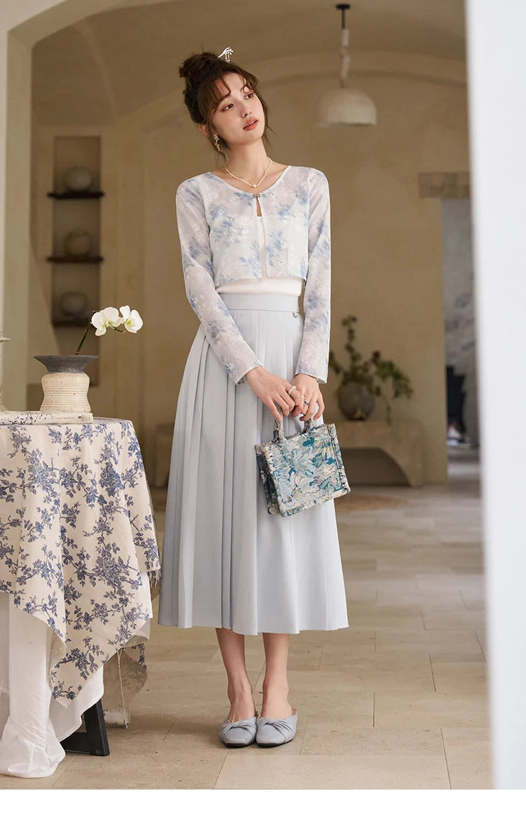 MISHOW Elegant Hollow Out Cardigan Camisole Skirt Separately Spring Lace Printing Short Cardigans Solid Pleated Skirt MXD12W0342