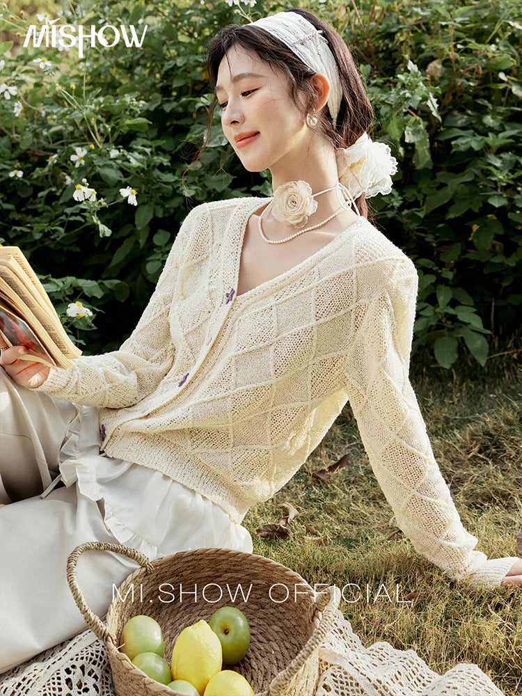 MISHOW Square Pattern Knitted Sweater for Women Spring Summer 2025 V-neck Tops Colorful Starfish Buckle Lazy Cardigan MXE16Z1213