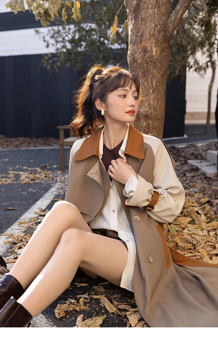 MISHOW Autumn Women's Khaki Trench Contrast Color Woman Clothes Spliced Turn-down Collar All-match Casual Jacket MXB31W0367