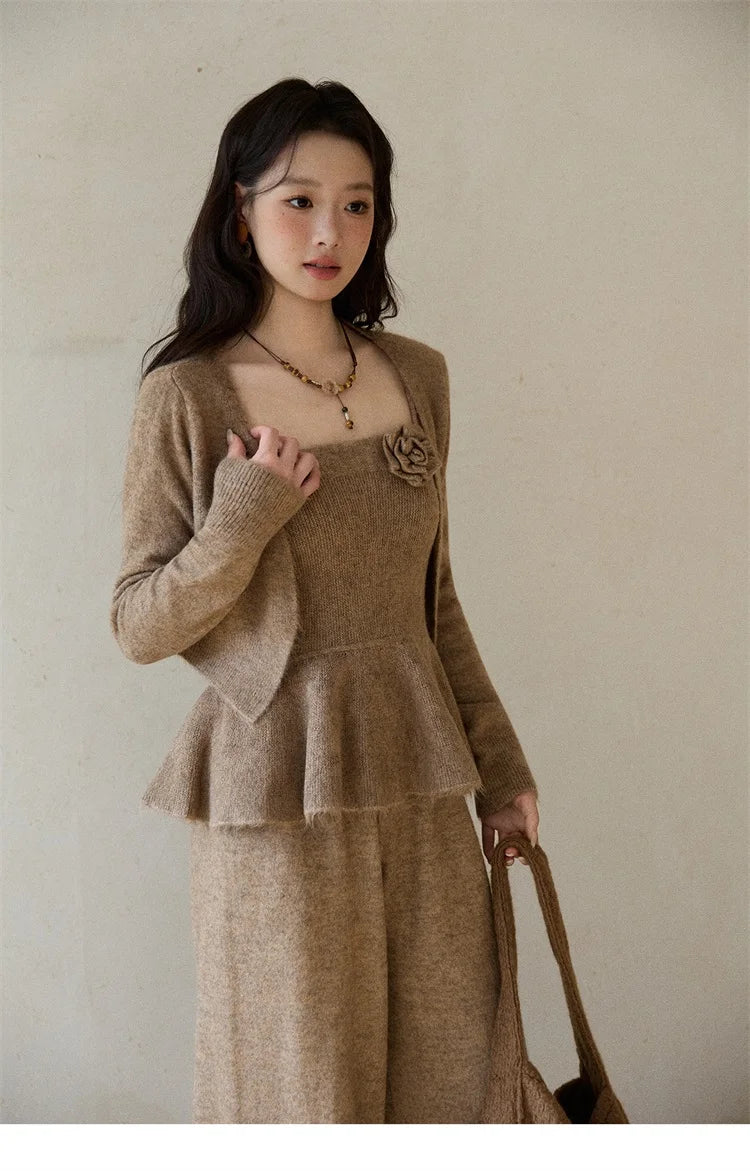 MISHOW Khaki Knitted Three-Piece Winter Set for Woman RetroThree-Dimensional Floral Camisole Cardigan Wide-Leg Pants MXE87T1449