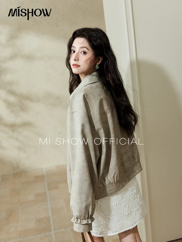 MISHOW Minimalist Short Jacket for Women Spring 2025 Casual Lapel Jacket Zipper Elastic Hem Solid Coats Streetwear MXE13W0715