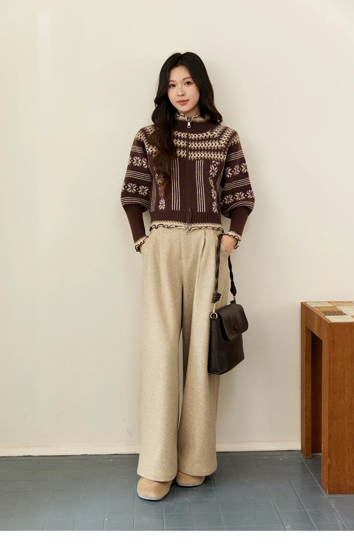 MISHOW Women's Brown Knitted Fair Isle Sweater Vintage Jacquard Lantern Sleeves Zipper Top Ruffled Trim Warm Sweaters MXE91Z2868