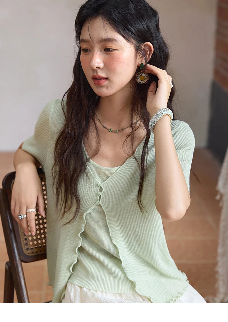 MISHOW Women's Mint Green Fake Two Piece Short Sleeved Knitted Cardigan 2025 Summer Solid Color Loose Comfortable Top MXE36Z1286