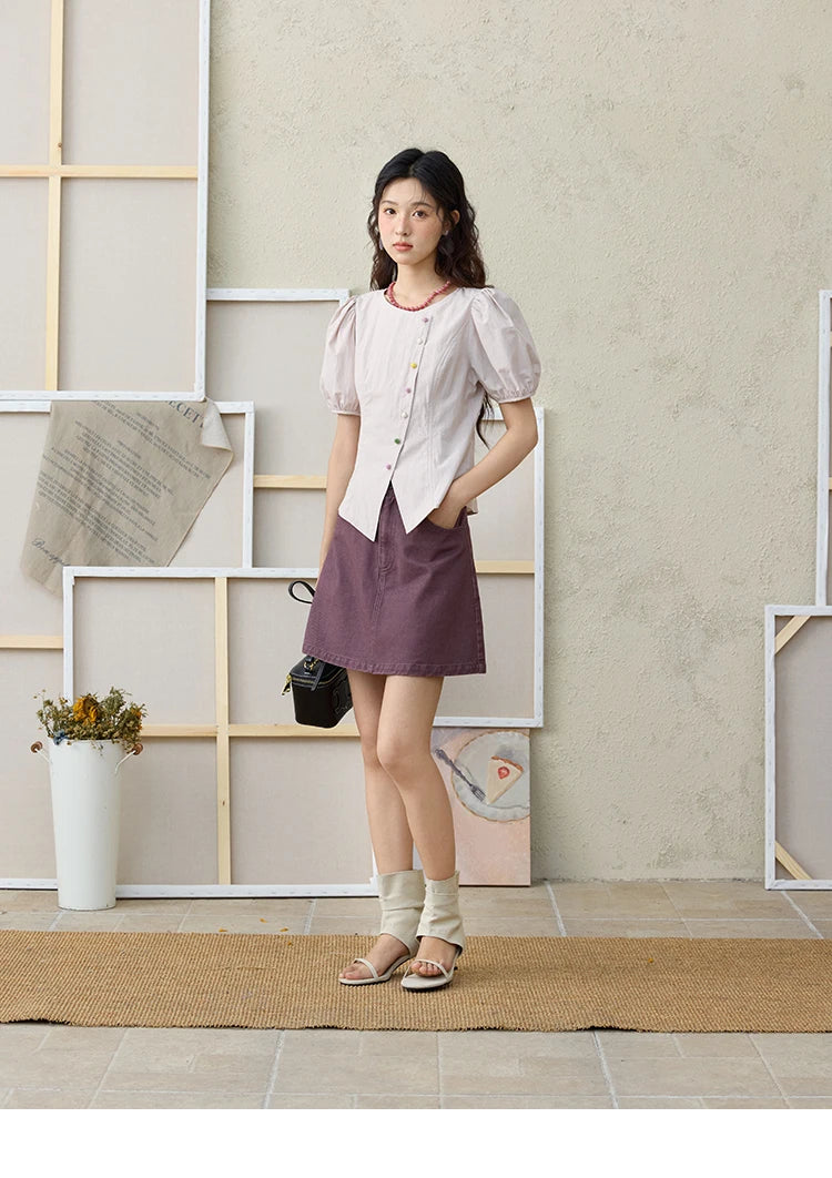 MISHOW Bubble Sleeves  Blouses for Women Summer 2025 Irregular Placket Tops Rainbow Button Solid Blouse Office Lady MXE34X1782