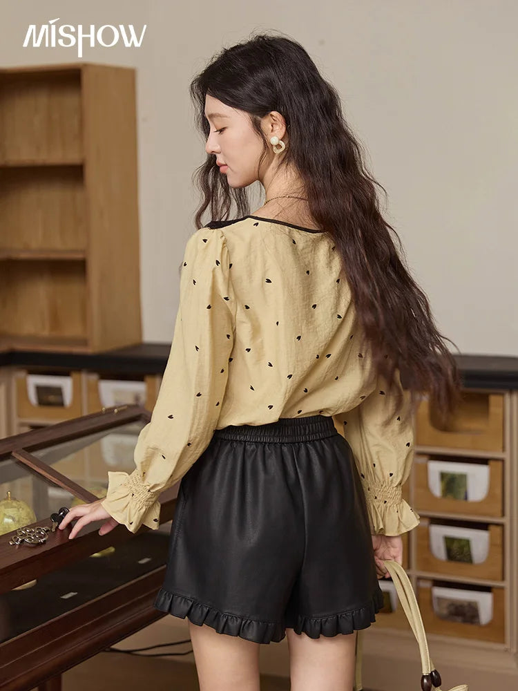 MISHOW Women's Yellow Heart Printed Shirt Autumn Lace Hollowed Out Collar Bubble Sleeve Top Lace-up Commuter Shirts MXE41X1949