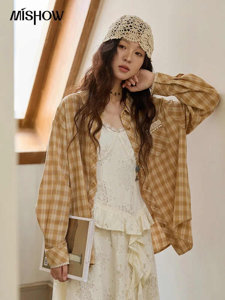 MISHOW Women's Retro Plaid Long Sleeved Shirt 2025 Autumn Korean Loose Casual Plaid Top with Lace Pocket Lapel Shirts MXE43C2378
