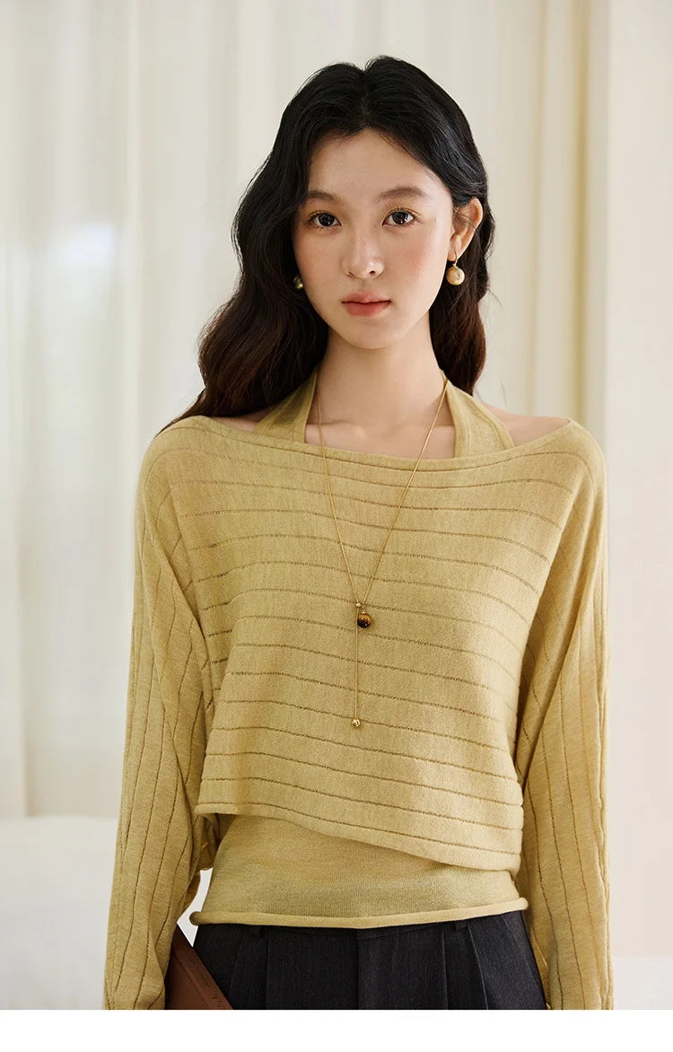 MISHOW Striped Short Hanging Neck Top Two-piece Set 2025 Autumn Wool Blend Knitted Sweater Casual Fashion Top Sets MXE46T1399