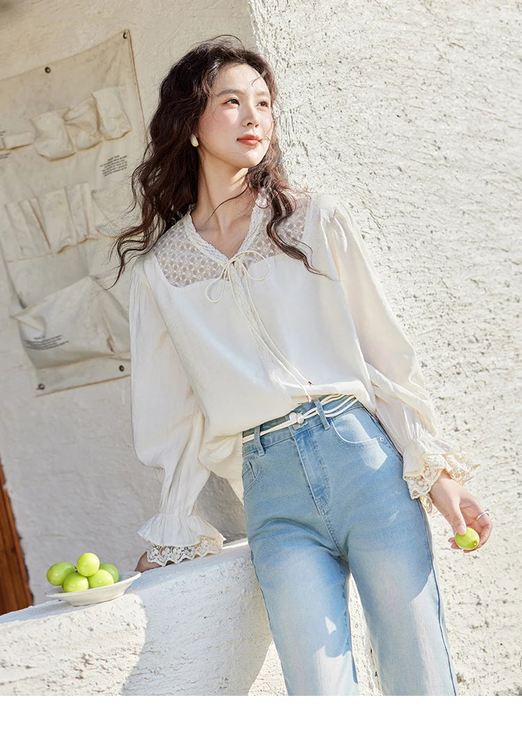 MISHOW Lace Patchwork Shirt for Women Spring 2025 V-neck with Fungus Edge Lace-up Chiffon Top Petal Sleeve Shirts MXE13X1713