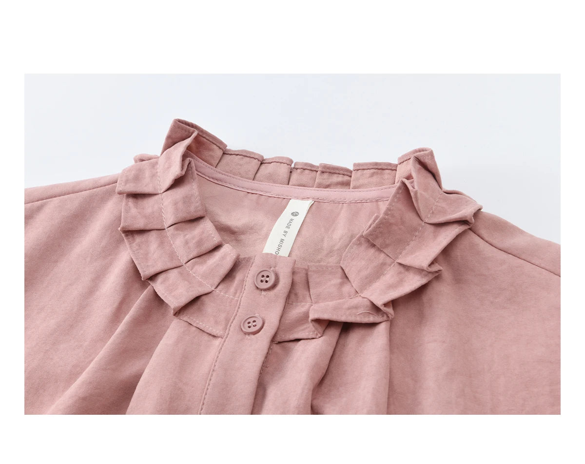 MISHOW Women's Peach Skin Solid Shirt 2026 Spring Ruffled Crew Neck Single-breasted Tops Casual Long Sleeve Shirts MXF11C2431