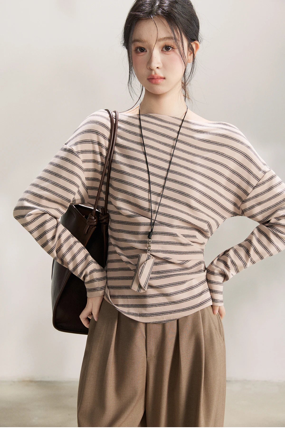 MISHOW Striped Boat Neck Long Sleeve Tops 2026 Spring Ruched Side SlimCasual Soft Breathable T-Shirt with Necklace MXF13T1514