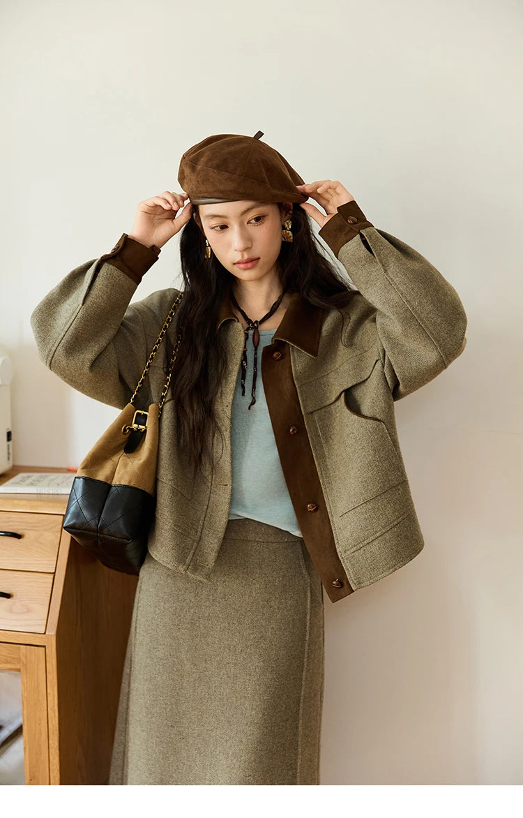 MISHOW Wool Woolen Coat for Women 2025 Autumn Contrasting Suede Patchwork Retro Short Top Lapel Loose Warm Coats MXE46W0844