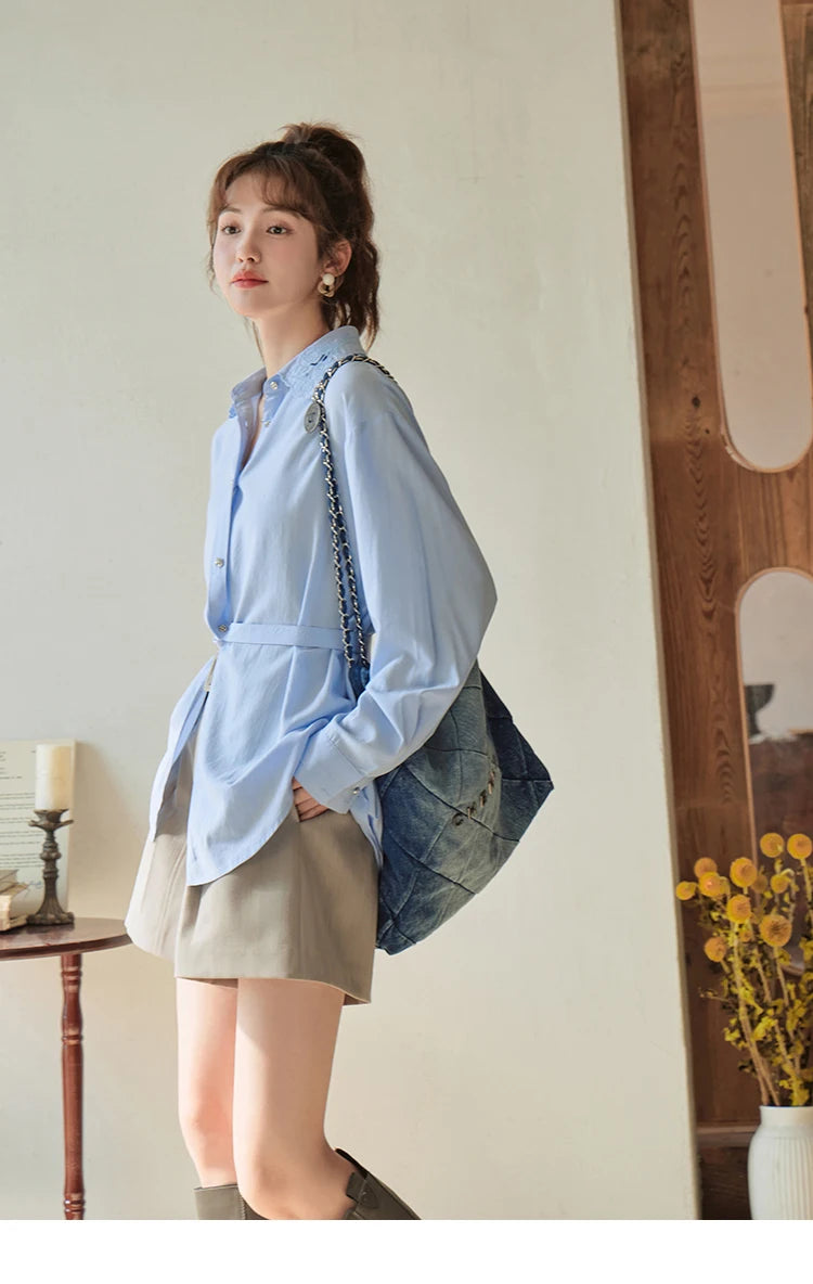 MISHOW Women's Casual Loose Shirt 2023 Autumn Turn-down Collar Embroidery Hollowed Out Single Breasted Mid Length Top MXC41C0077