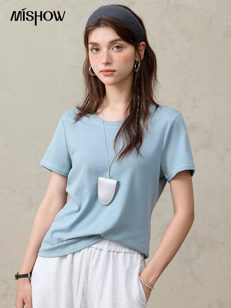 MISHOW Casual Summer T-shirts Women Short Sleeve Round Neck Solid Straight Shoulder Shirt Female Fashion Slimming New MXE31T0532
