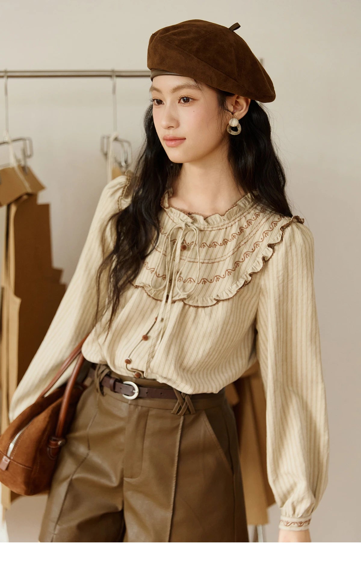 MISHOW Striped Shirt for Woman 2025 New Retro Wood Ear Edge Round Neck Embroidery Top Korean Popular Clothes Autumn MXE46X2492