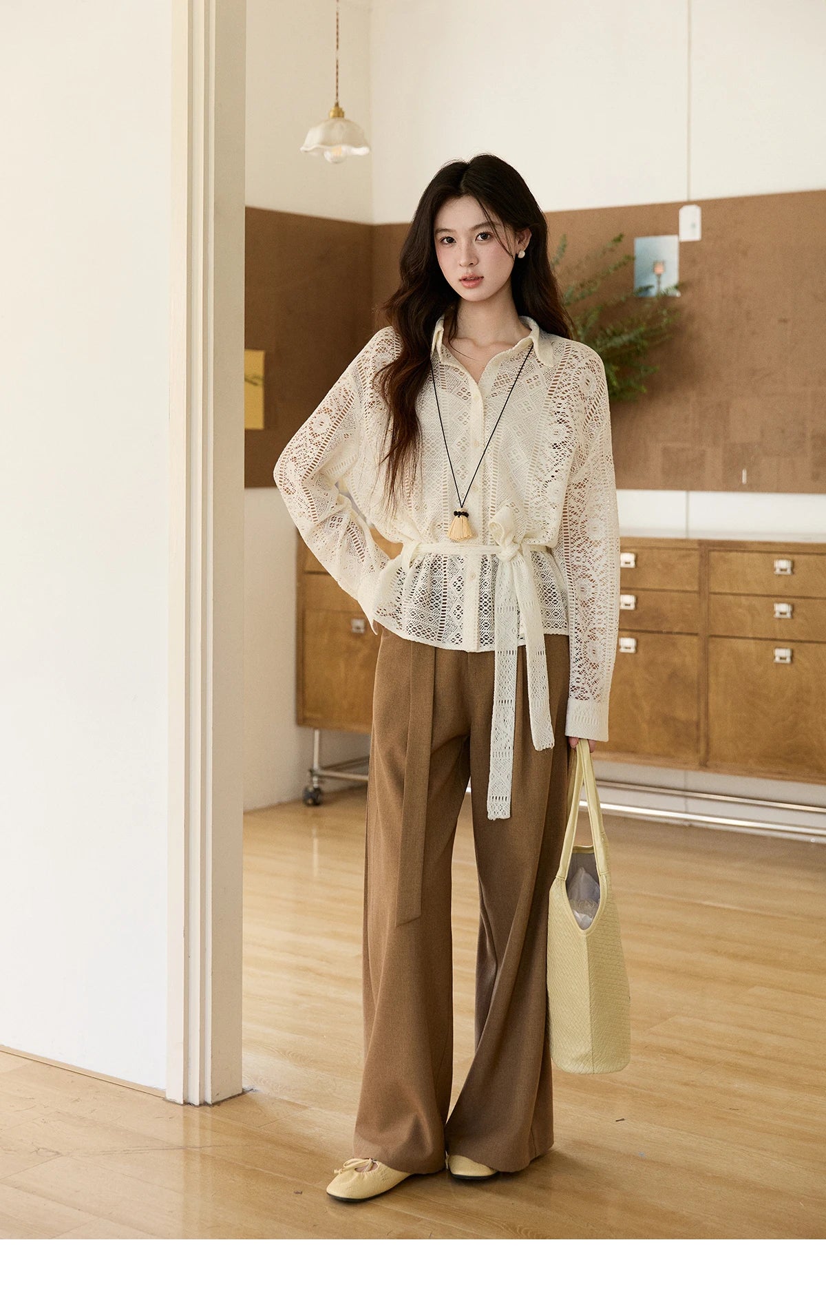 MISHOW Women's Hollow-out Lace Shirt Camisole Set 2026 Spring Lapel Drawstring Waist Sheer Casual Two-Piece Knitwear MXF108C0816