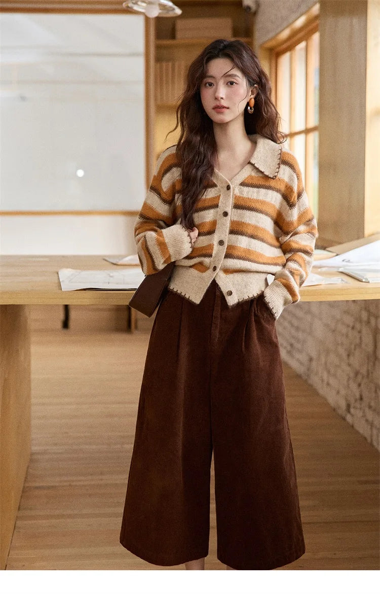 MISHOW Striped Cardigan for Women 2025 Winter Retro Unique Design V-neck Single-breasted Sweater Wool Long Sleeve Top MXE87Z2681