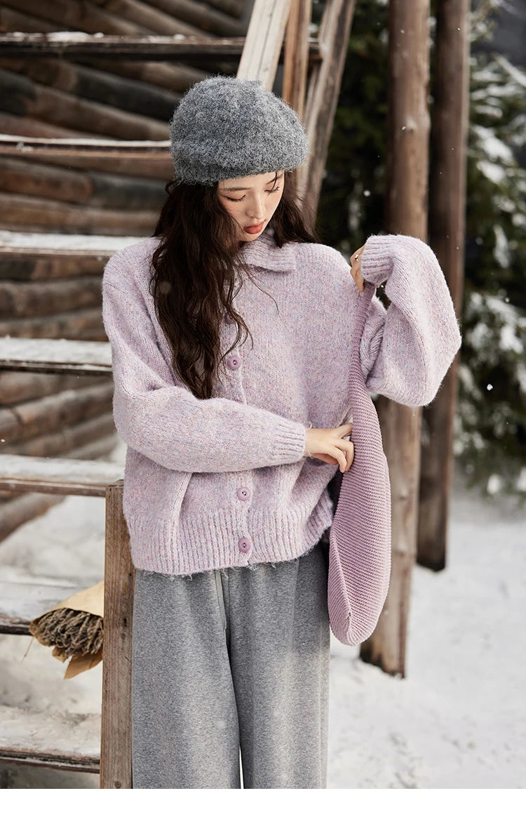 MISHOW Turn Down Collar Wool Blend Sweater Women Solid Single-breasted Tops Thickened Warm Versatile Knitted Cardigan MXD59Z1136