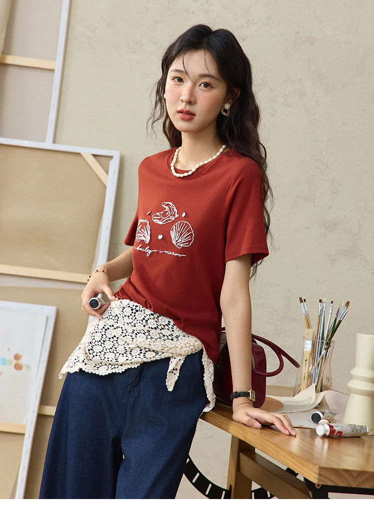 MISHOW Women's Shell Embroidered T-shirt 2025 Summer Short Sleeve Cotton Blend Tops Loose Slim Round Neck Casual Tees MXE34T0570