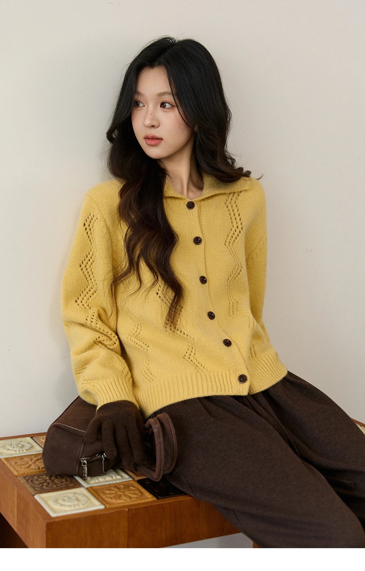 MISHOW Women's Hollow Pattern Knitted Cardigan 2025 Winter Yellow Lapel Single Breasted Sweater Loose Pullover Tops MXE94Z2961
