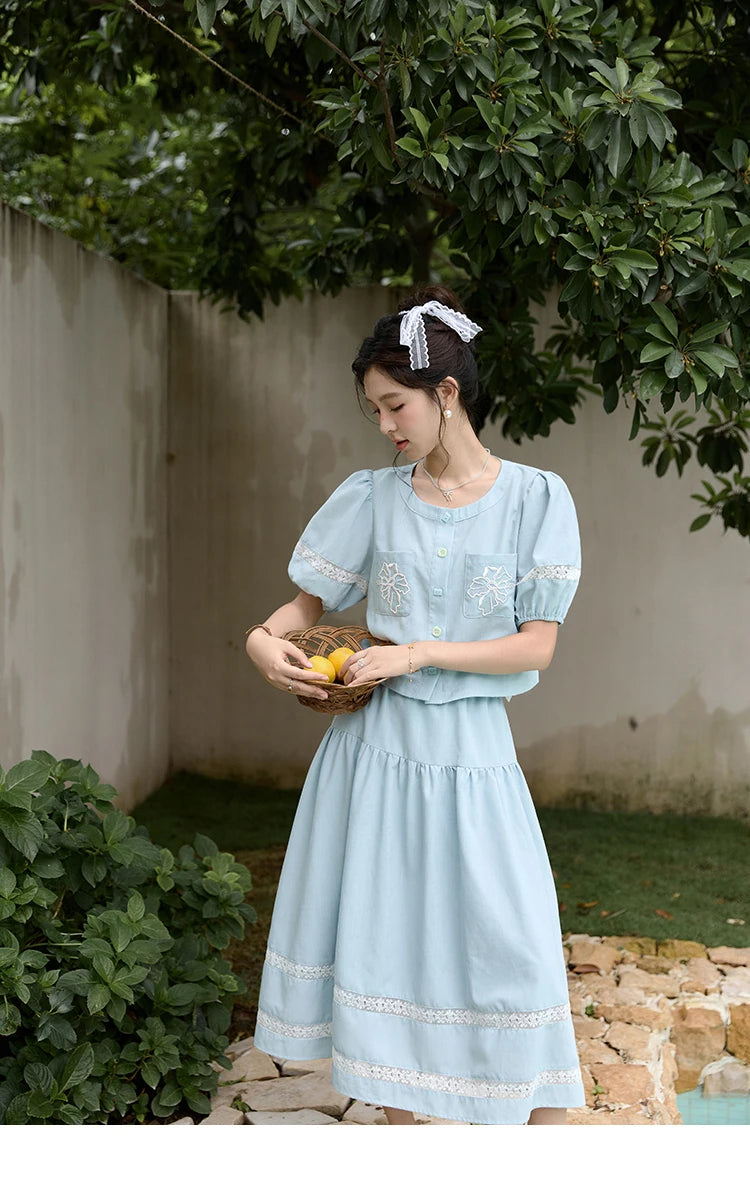 MISHOW Blue Pocket Patchwork Lace Shirt Elastic Waist Skirt Separately 2024 Summer Korean Round Neck Top Sweet Skirts MPD22B0450