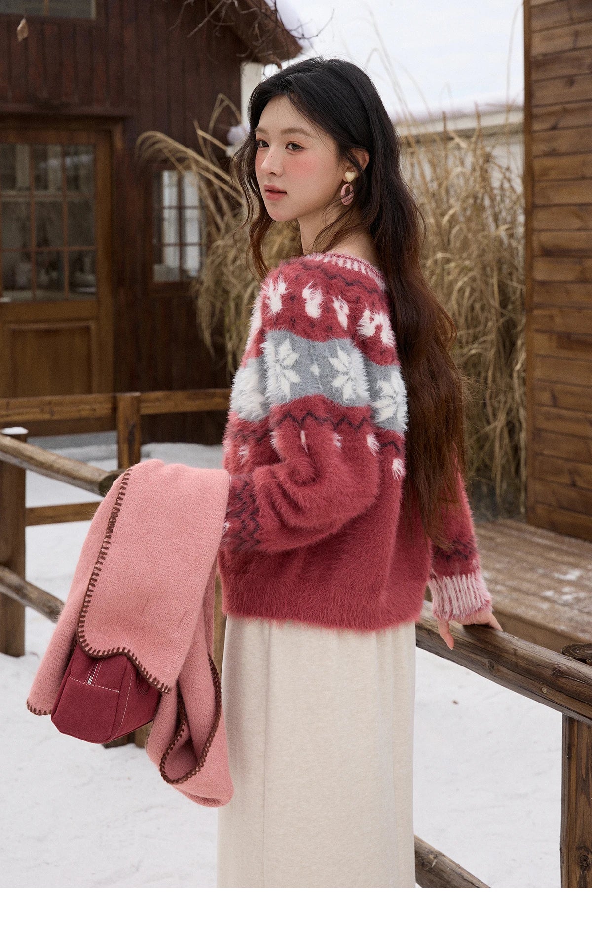 MISHOW Christmas Retro Red Imitation Mink Fur Soft Cardigan 2025 Winter Snowflake Jacquard Sweater Round Neck Tops MXE91Z2801