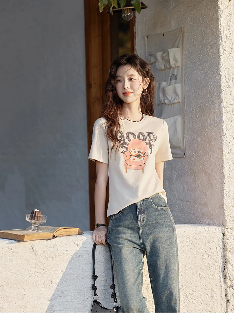 MISHOW Printed Cotton T-shirts for Women Spring 2025 Loose Slim Short Round Neck Tees Versatile Soft Casual Tops MXE13T0461